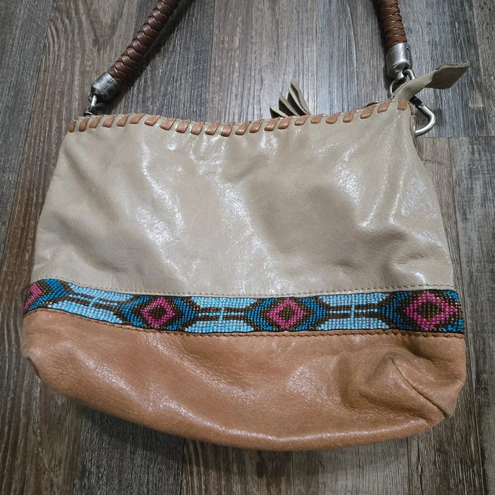 The Sak Beaded Leather Shoulder Strap Hobo Bag Womens Southwestern Western Boho